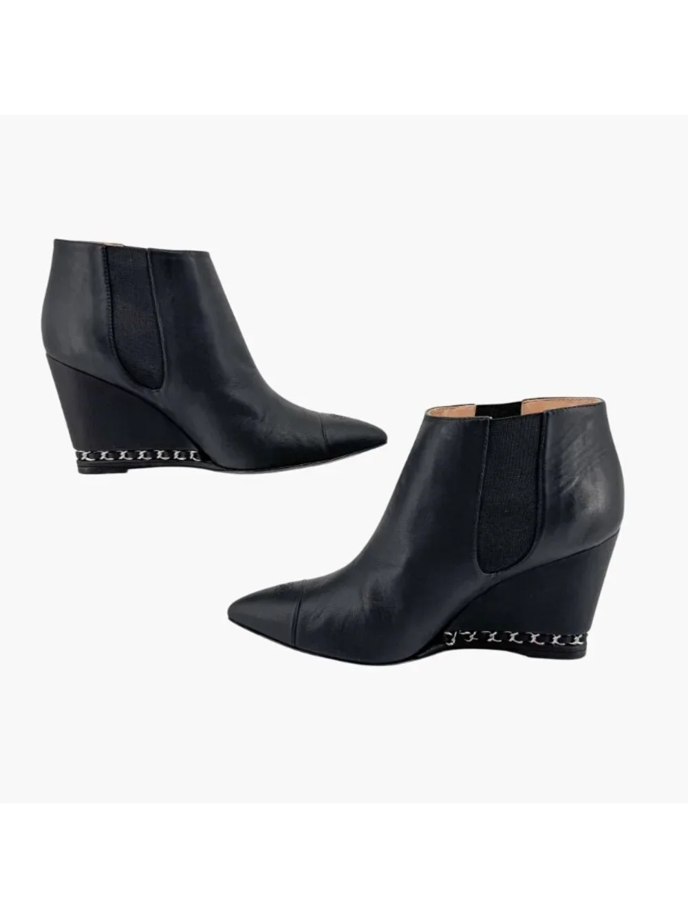 Chanel CC Black Leather Pointed Chain Wedge Ankle Boot Bootie Size 39.5 US 8.5-9